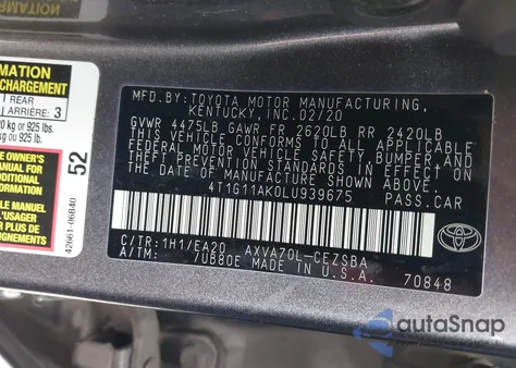 2020 Toyota Camry Se из США, поврежденный, VIN 4T1G11AK0LU939675